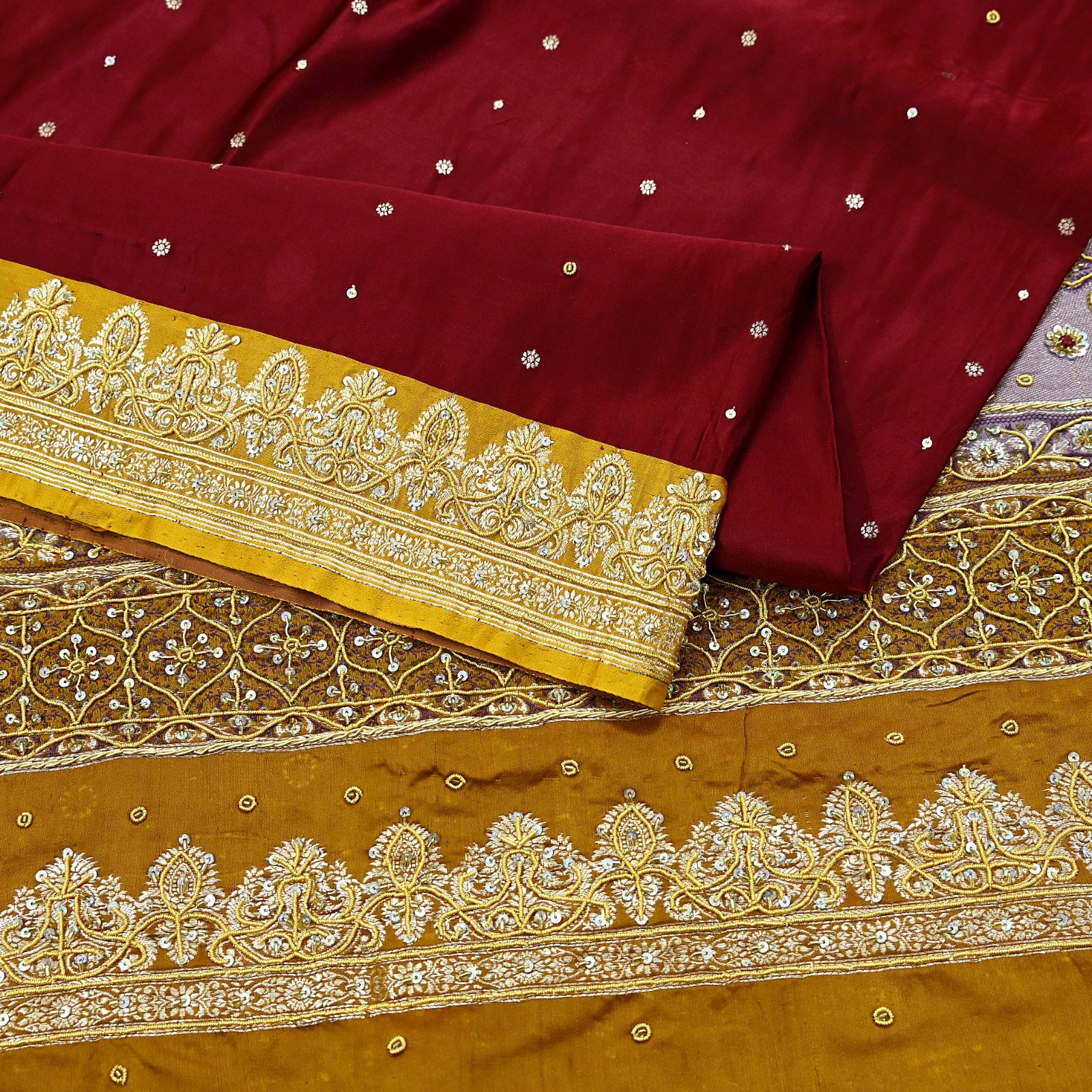 Vintage Heavy Saree Pure Satin Silk Hand Embroidered Banarsi Brocade Sari Dabka