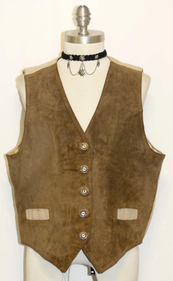 BROWN ~ LEATHER & LINEN German Hunting Western Women Dress Coat VEST / 46 12 M