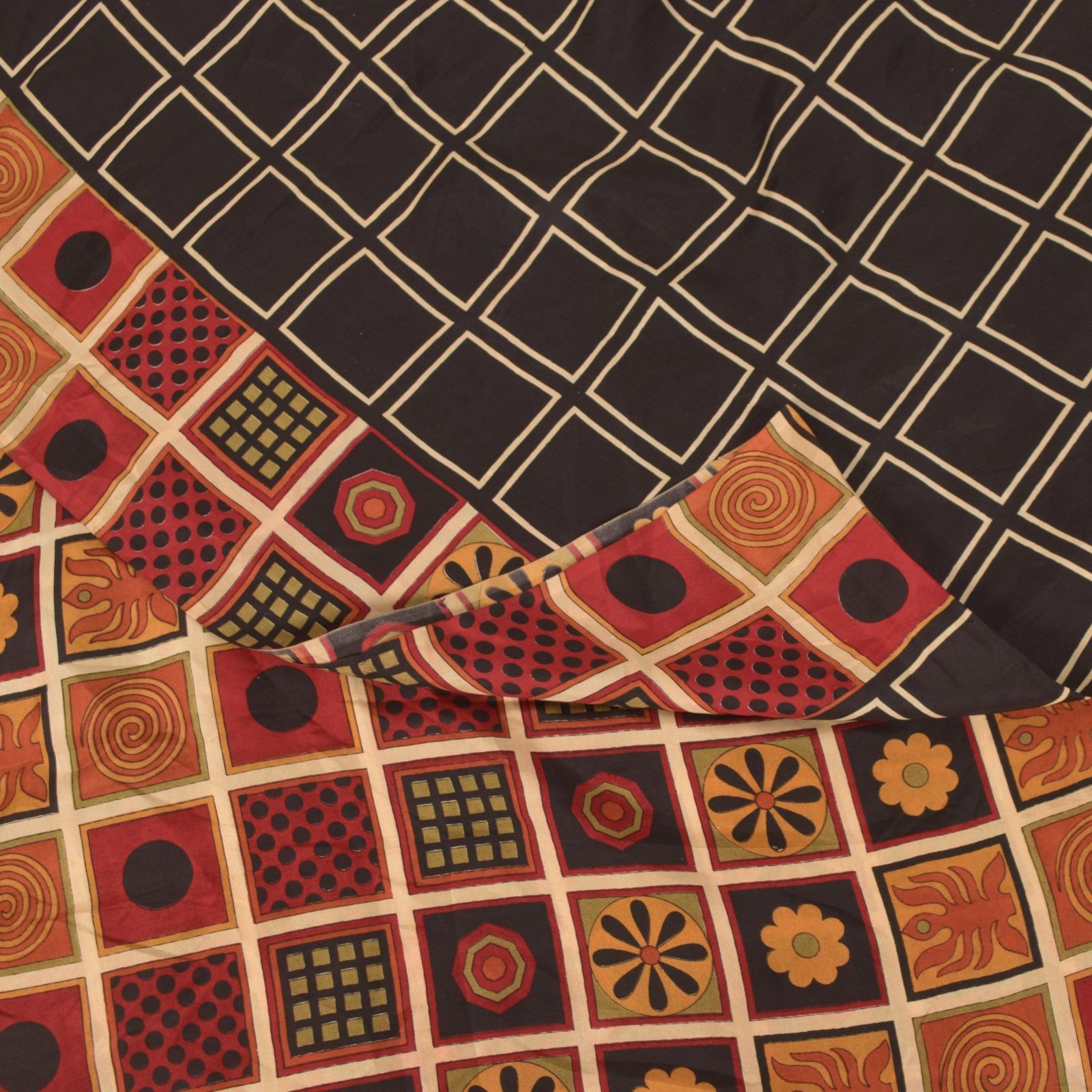Sanskriti Vintage Soft Black Pure Silk Sari Geometric Digital Print Saree 6.5Yd
