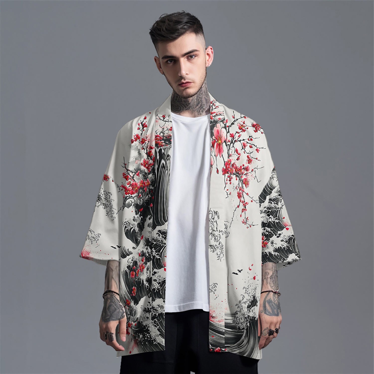 Niepce Men’s Japanese Graphic Lightweight Blossom Waves Kimono Cardigan Shirt