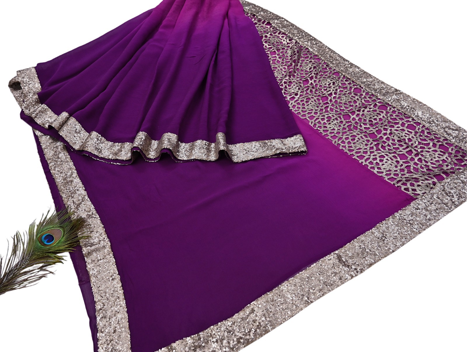 Rare Vintage Purple Pure Chiffon Silk Hand Embroidered Designer Sabyasachi Saree