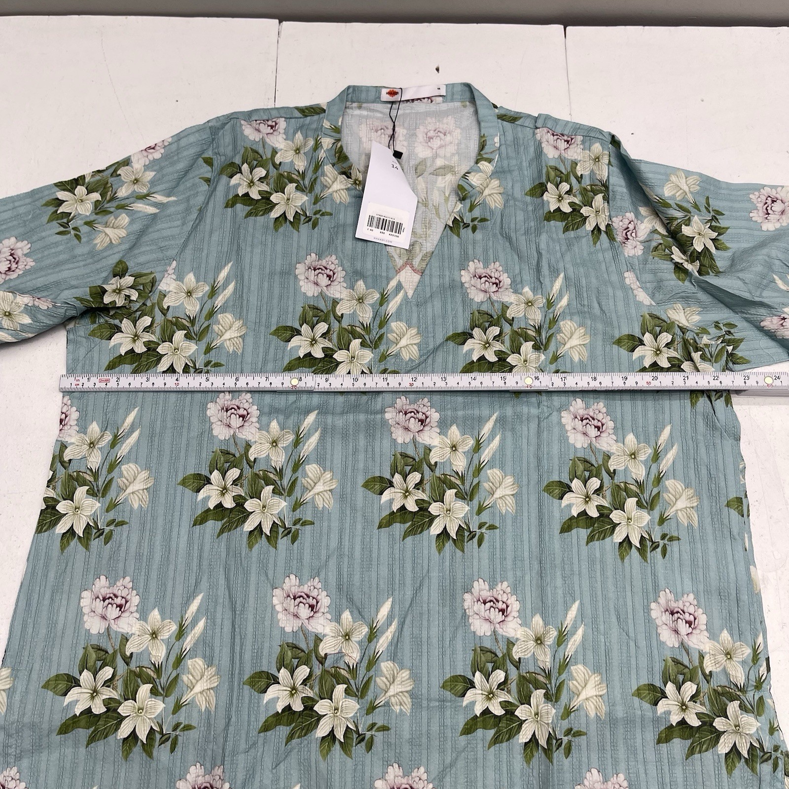 Khaadi Blue Floral Ripple Waves Printed V Neck Kurta Women’s Size 14 New $50