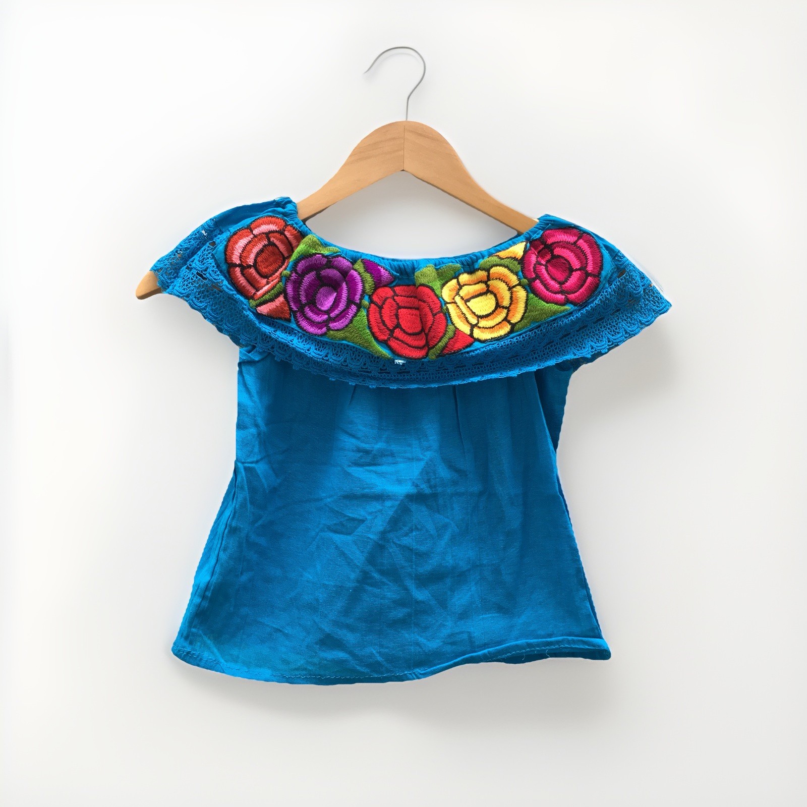 Handmade Girls Embroidered Mexican Blouse – Size 4 – Off the Shoulder Blouse