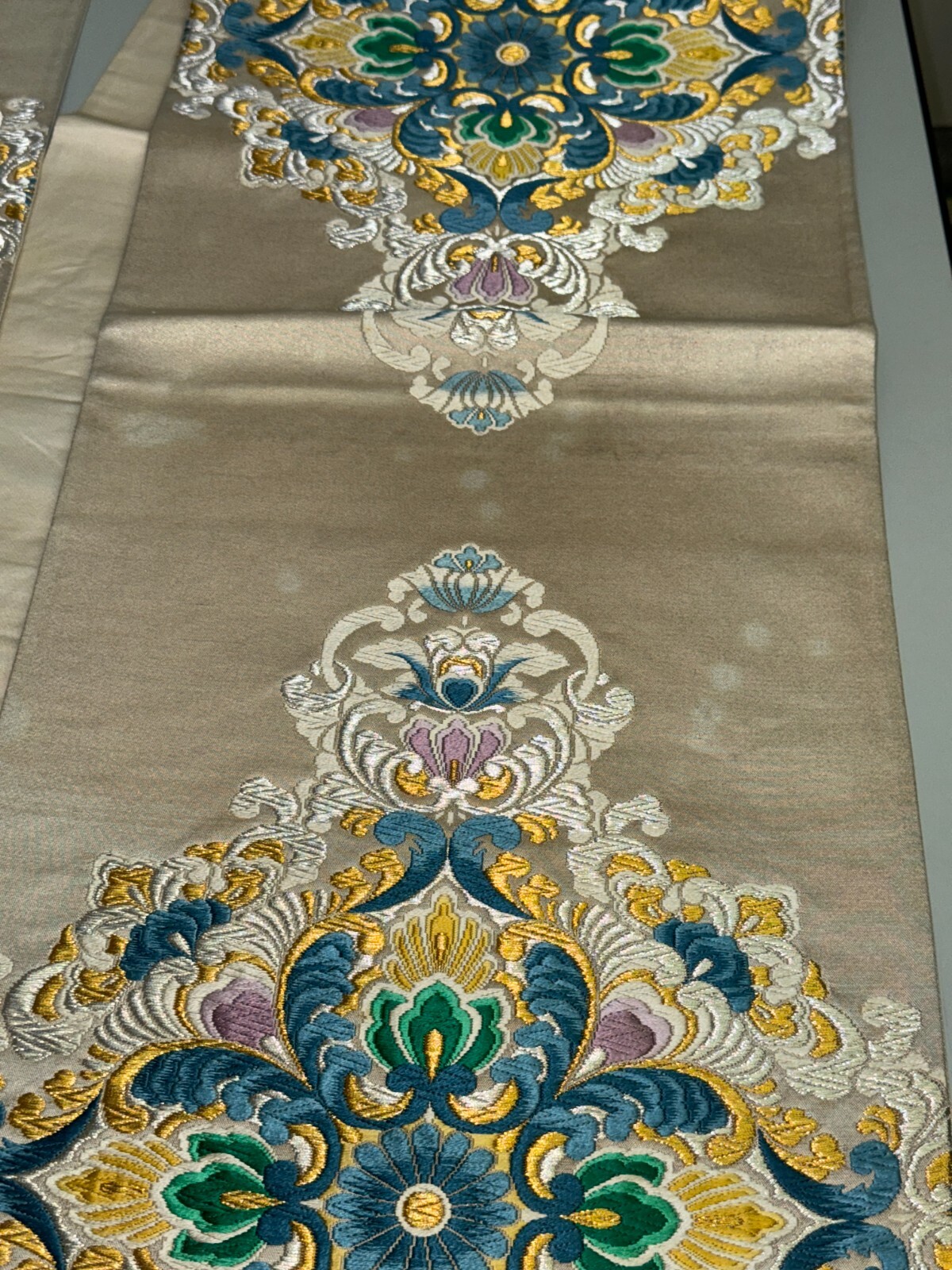Japanese Vintage Kimono Fukuro Obi silk White Embroidery Expensive Dirt 170x12in