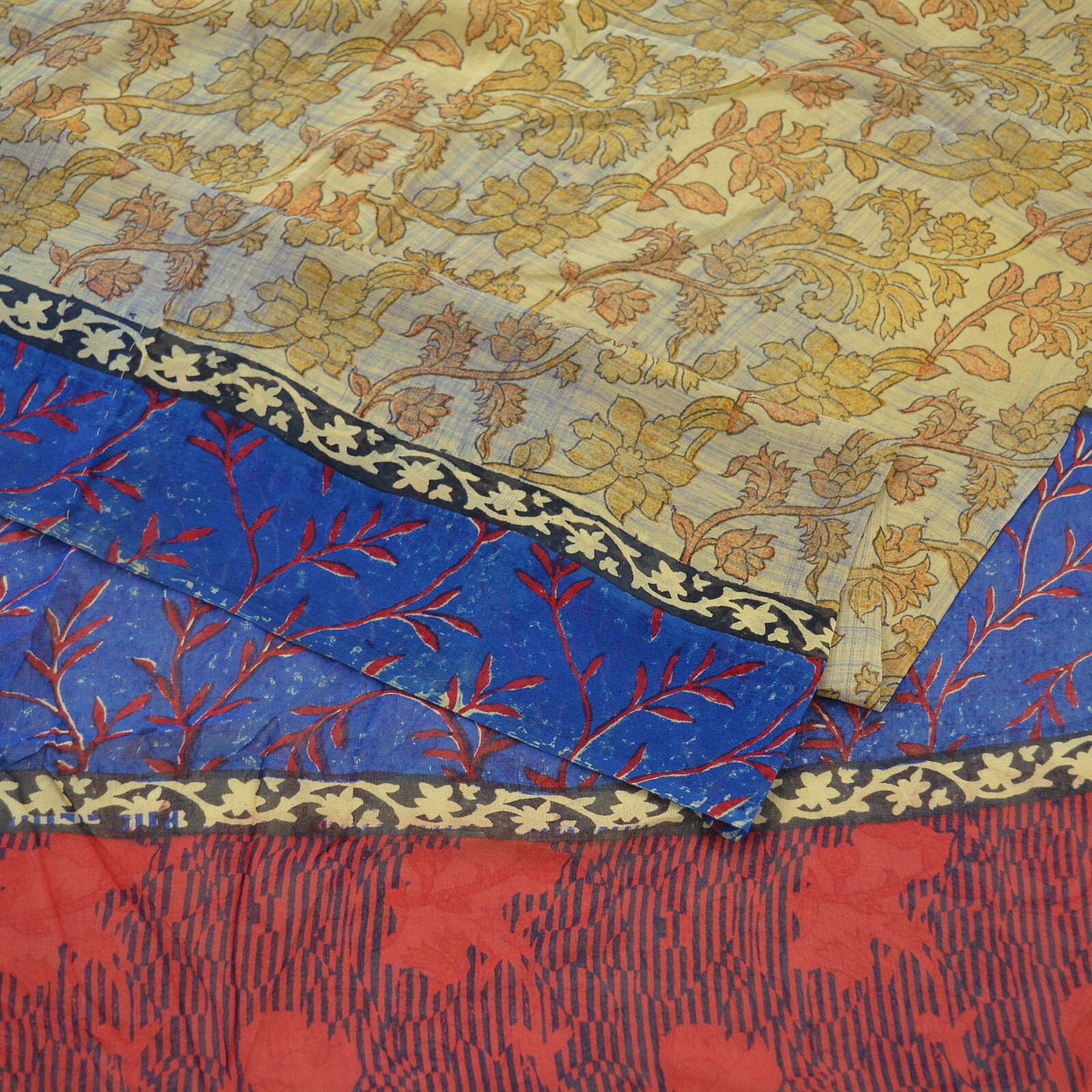 Indian Vintage Sari Beige & Blue Pure Georgette Silk Sarees Craft Fabric Sewing