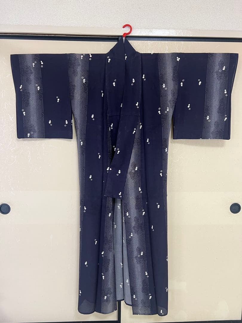 Kimono Silk Small Mon Pattern Navy White Gourds Vintage Japanese Classic