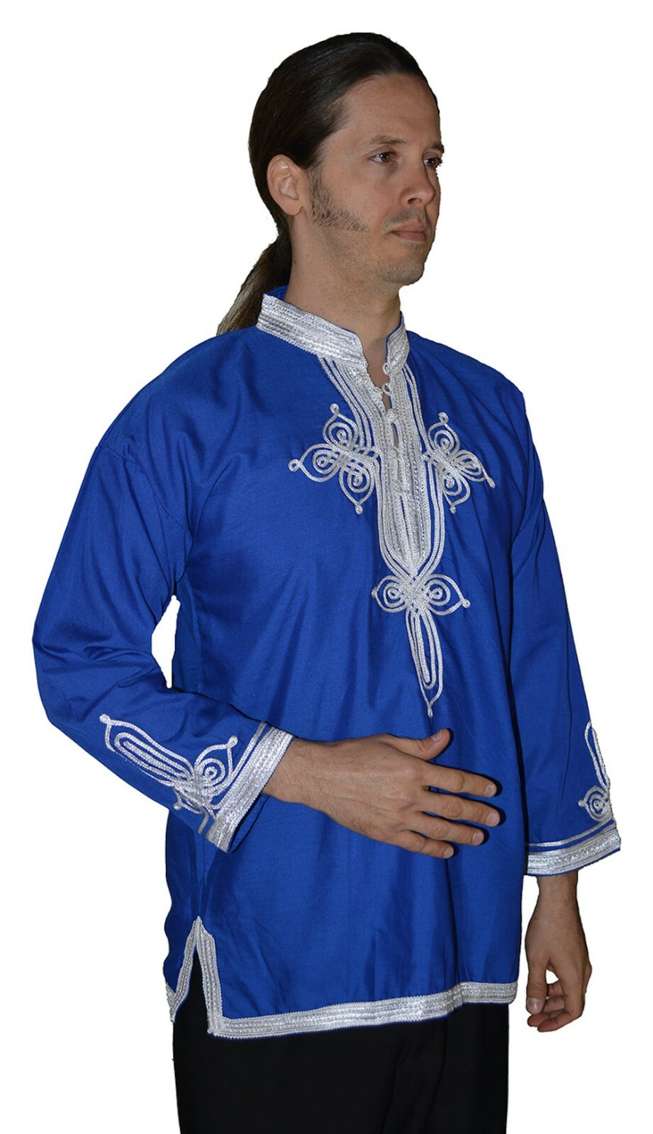 Moroccan Men Tunic Shirt Cafan Casual Handmade Embroidered Cotton X- Large BLue