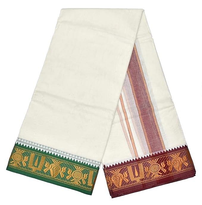 Men’s White Dhoti with Angavasthram Towel Cotton, Off White Size: 9 X 5