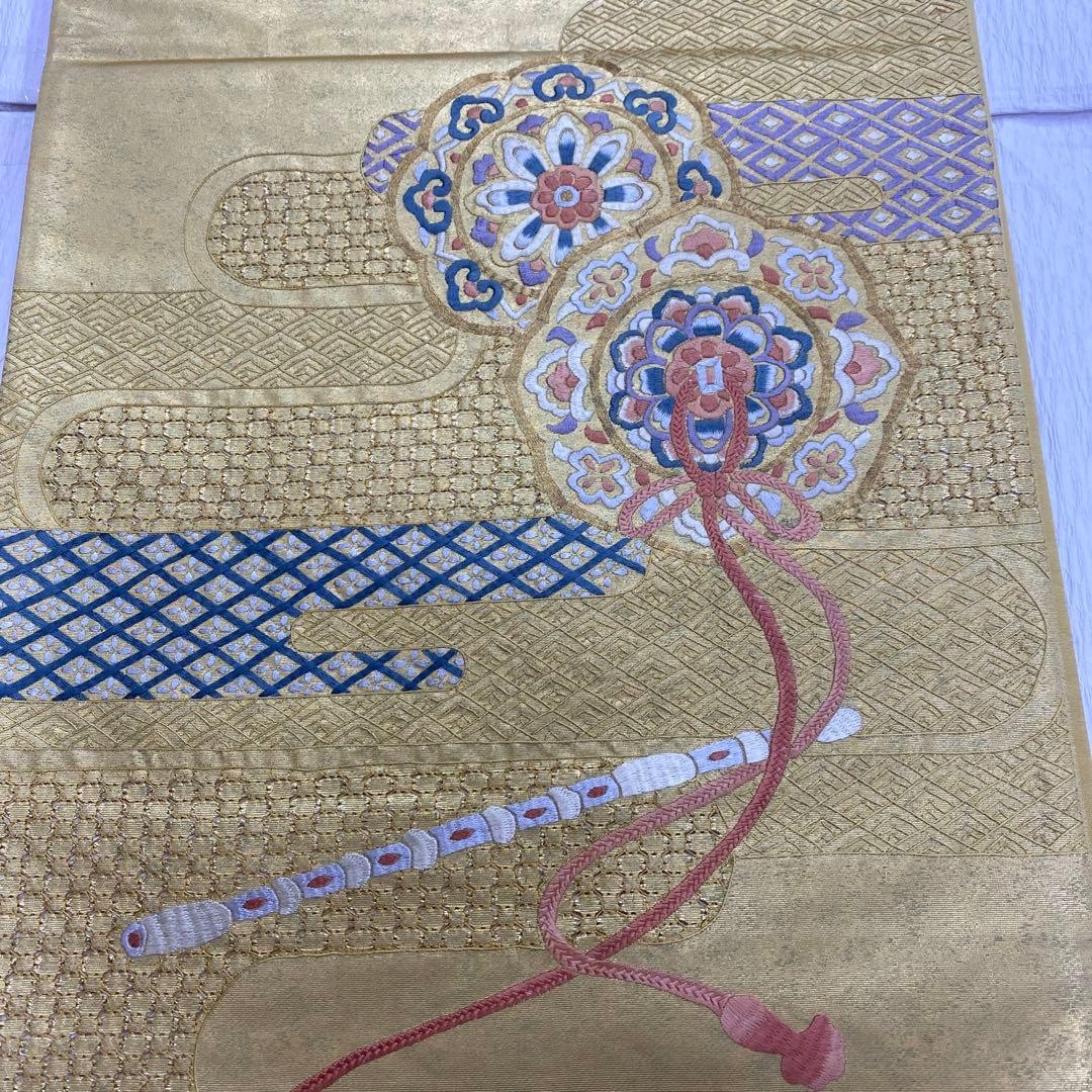 Japanese Silk Fukuro Obi Embroidered Mirror Flute Rokutsu Formal