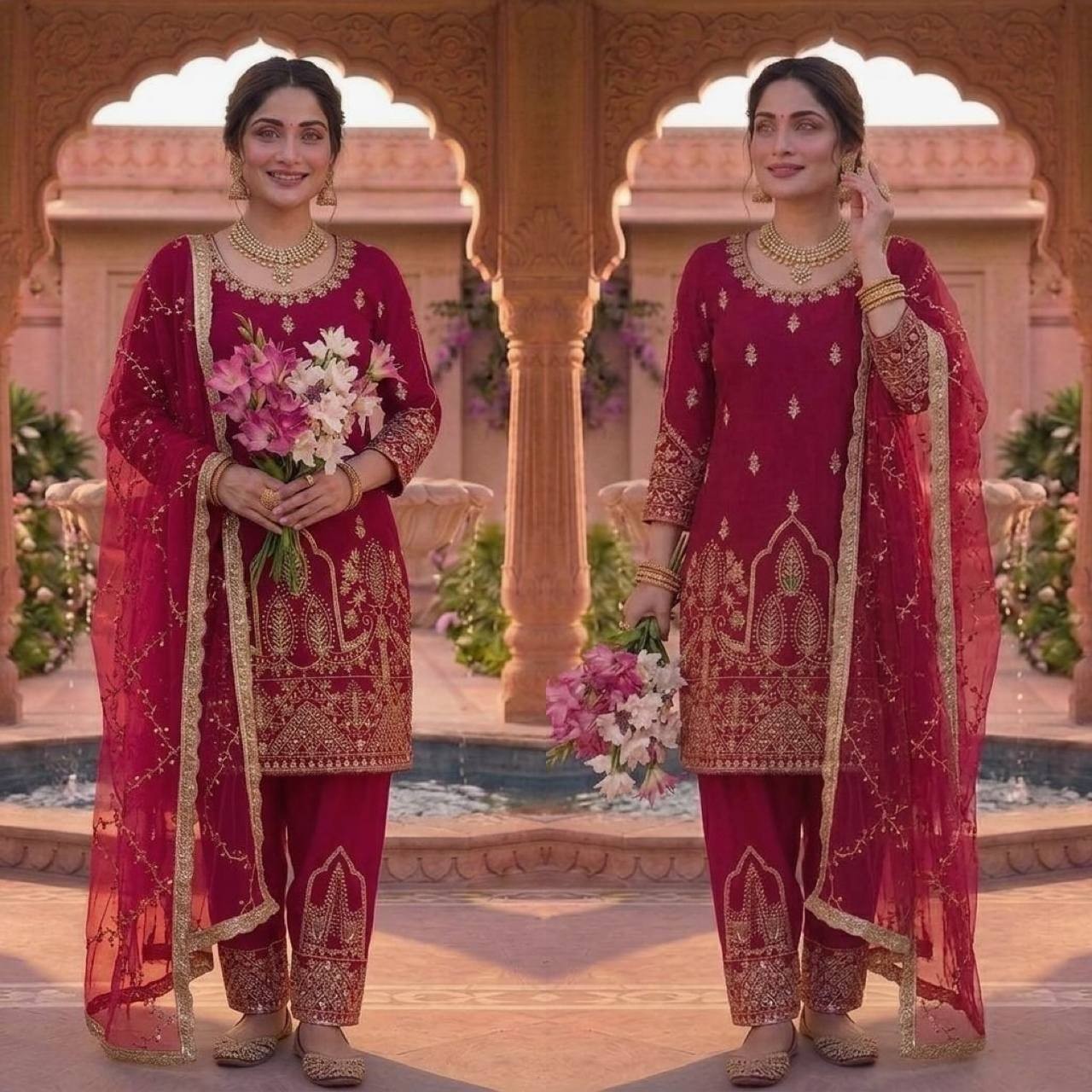 Elegant Designer Crepe Silk Salwar Kameez With Net Dupatta For Women