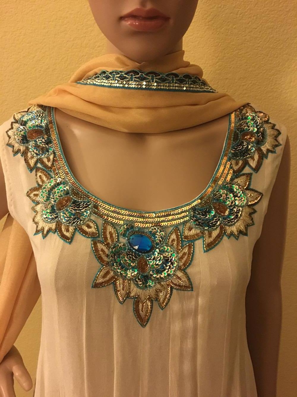 custom, handmade anarkali style suit cream/golden/blue with dark golden dupatta 