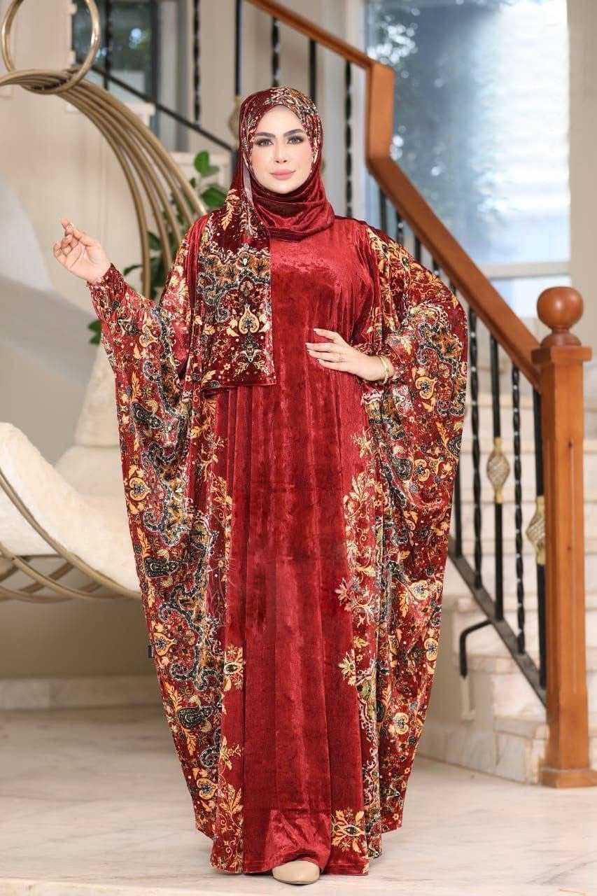 Women’s Velvet Kaftan Dress, Floral Pattern, Multicolor, Middle Eastern