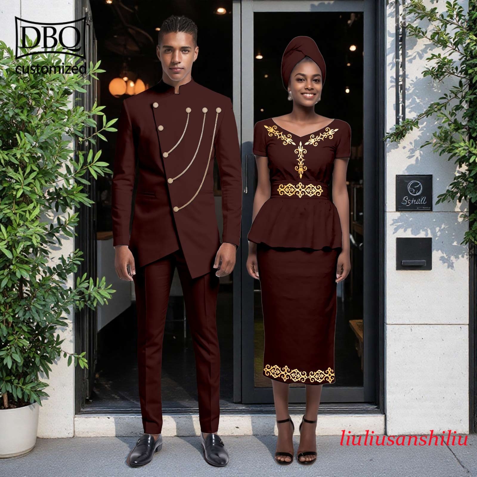 African Couple Matching Clothes Solid Men Jacket Pants Set Women Shirt Skirt Set