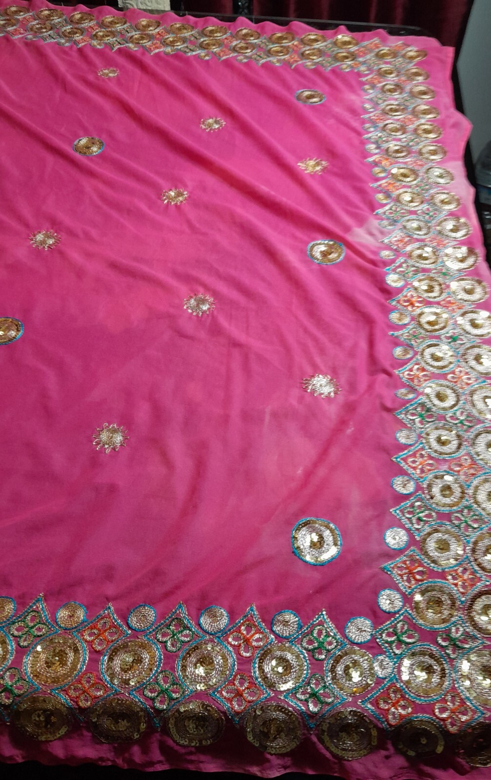EAST INDIAN VINTAGE CHIFFON SARI HEAVILY EMBELLISHED GOLD SEQUINS 6YDS L X 45″ W
