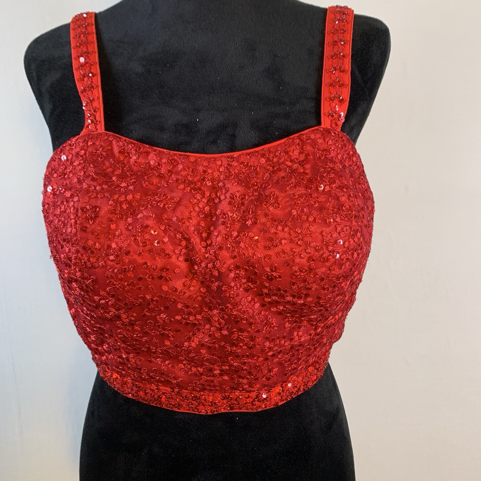 Red Silk Choli Blouse Sheer Back Floral Lace Red & Clear Sequins 15″ Band NWOT