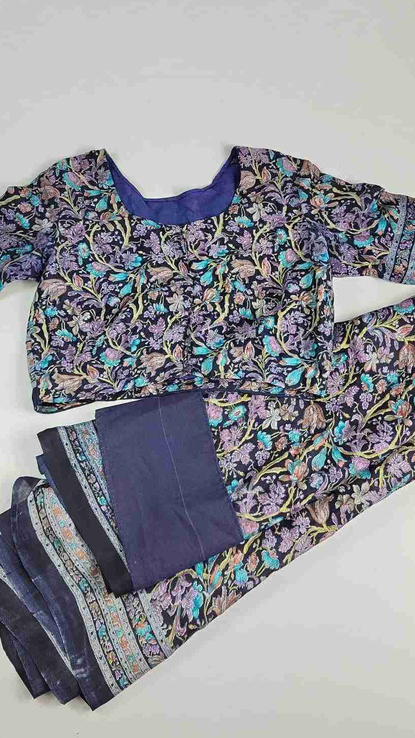 Black Silk Saree With Matching Blouse – Floral Design Blue And Purple