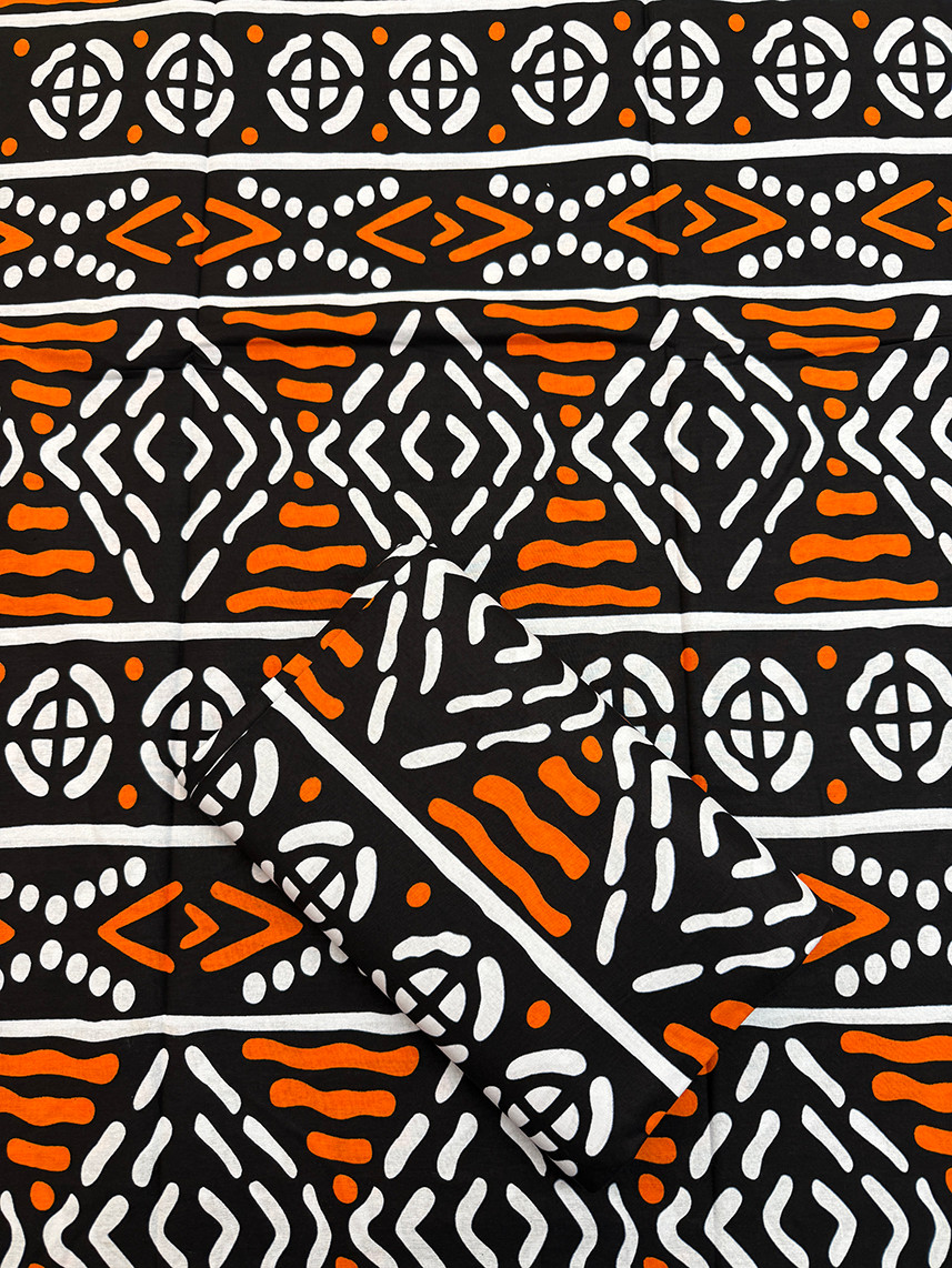 Sell by 3 Yards African Super Quality Wax Prints -White-Orange-Black