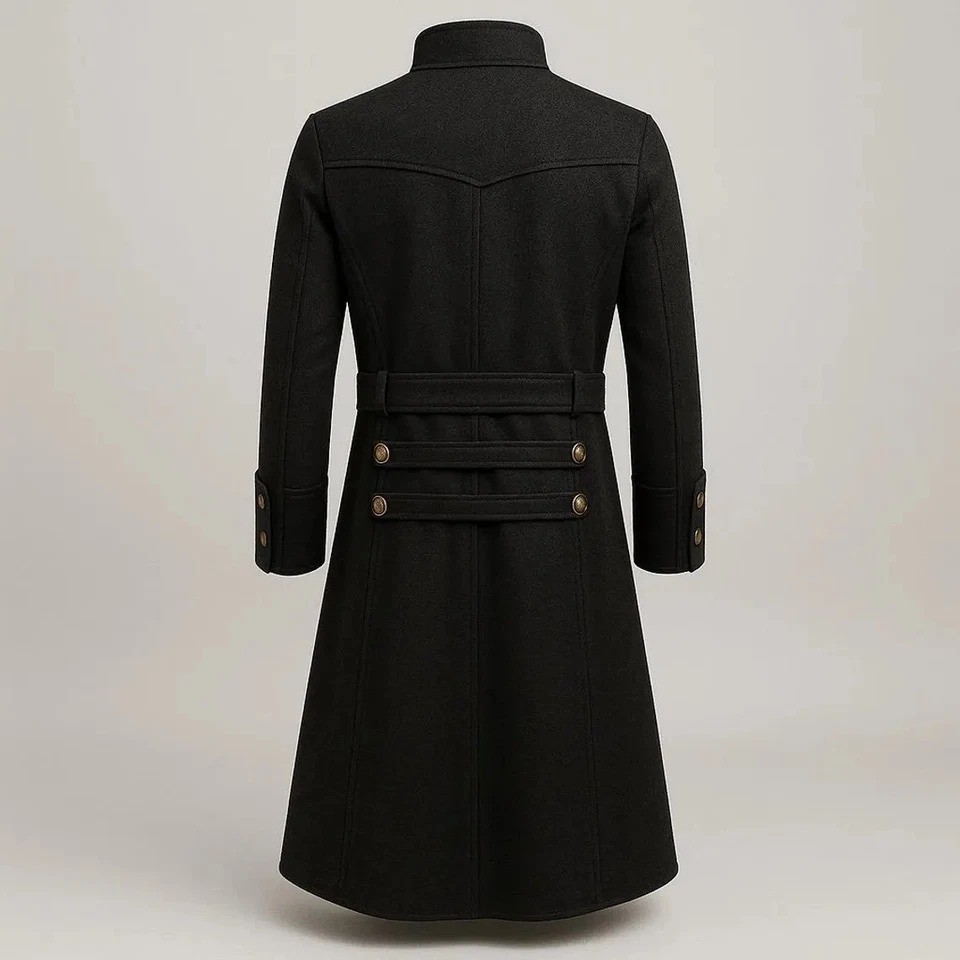 Men’s Black Gothic Steampunk Long Coat Trench gothic Jacket with buckle straps