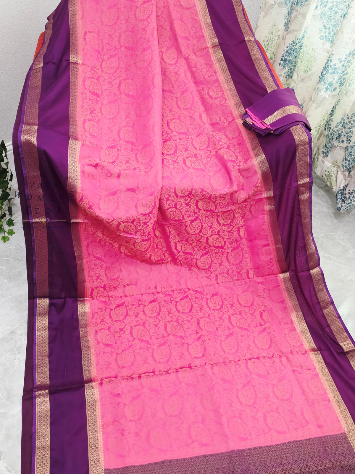 Royal Bubblegum Pink & Royal Violet Gap Border Semi Mysore Crepe Silk Saree