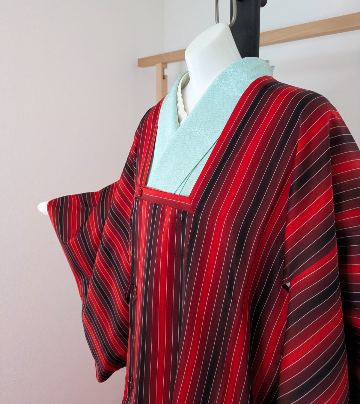 Vintage Japanese Kimono Rain Coat Red Black Vertical Stripes Water Repellent