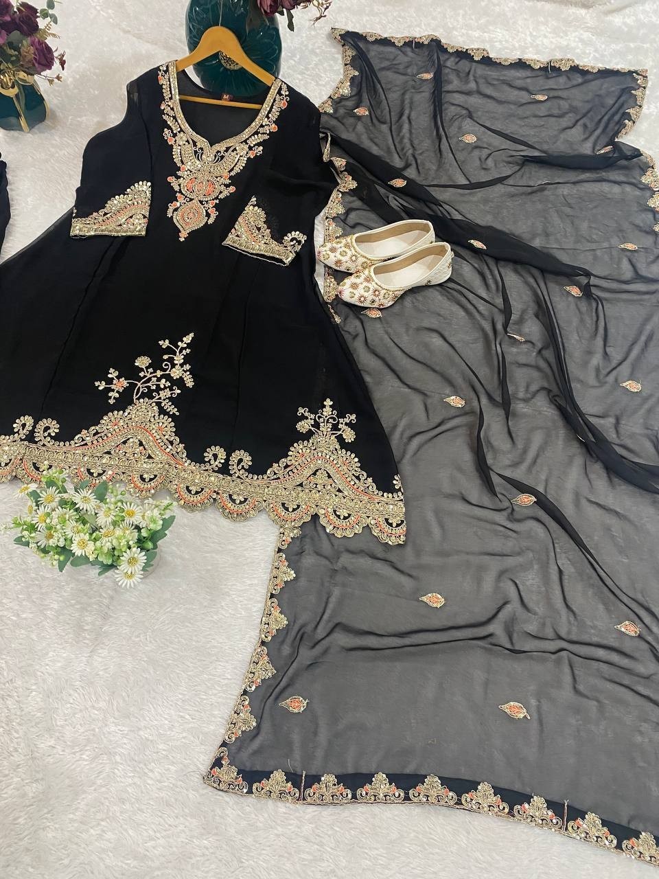New Launch Black Faux Georgette Kurta Palazzo With Dupatta For Women