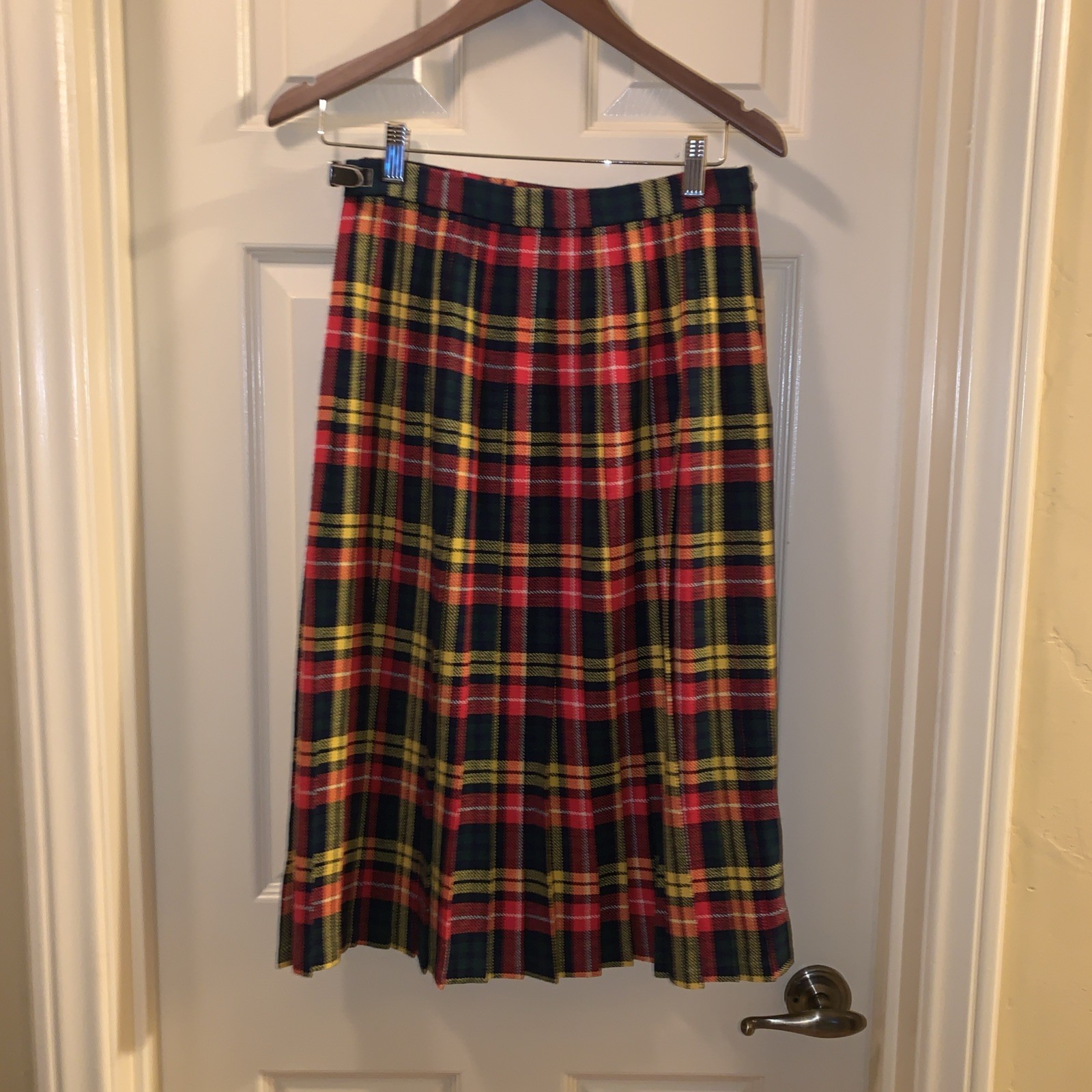 Murray Brothers Scotland , Tartan Plaid Wool Midi Skirt, Red, Yellow, Green, Blk