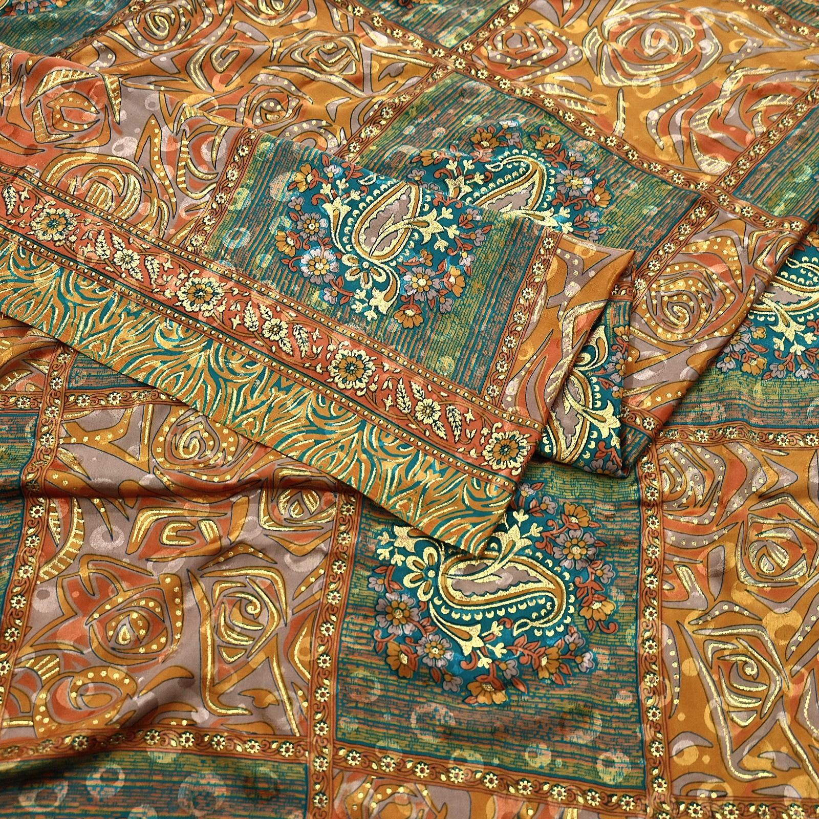 Indian Vintage Sari Moss Crepe Printed/Painted Saree Floral 5 Yards Soft Fabric