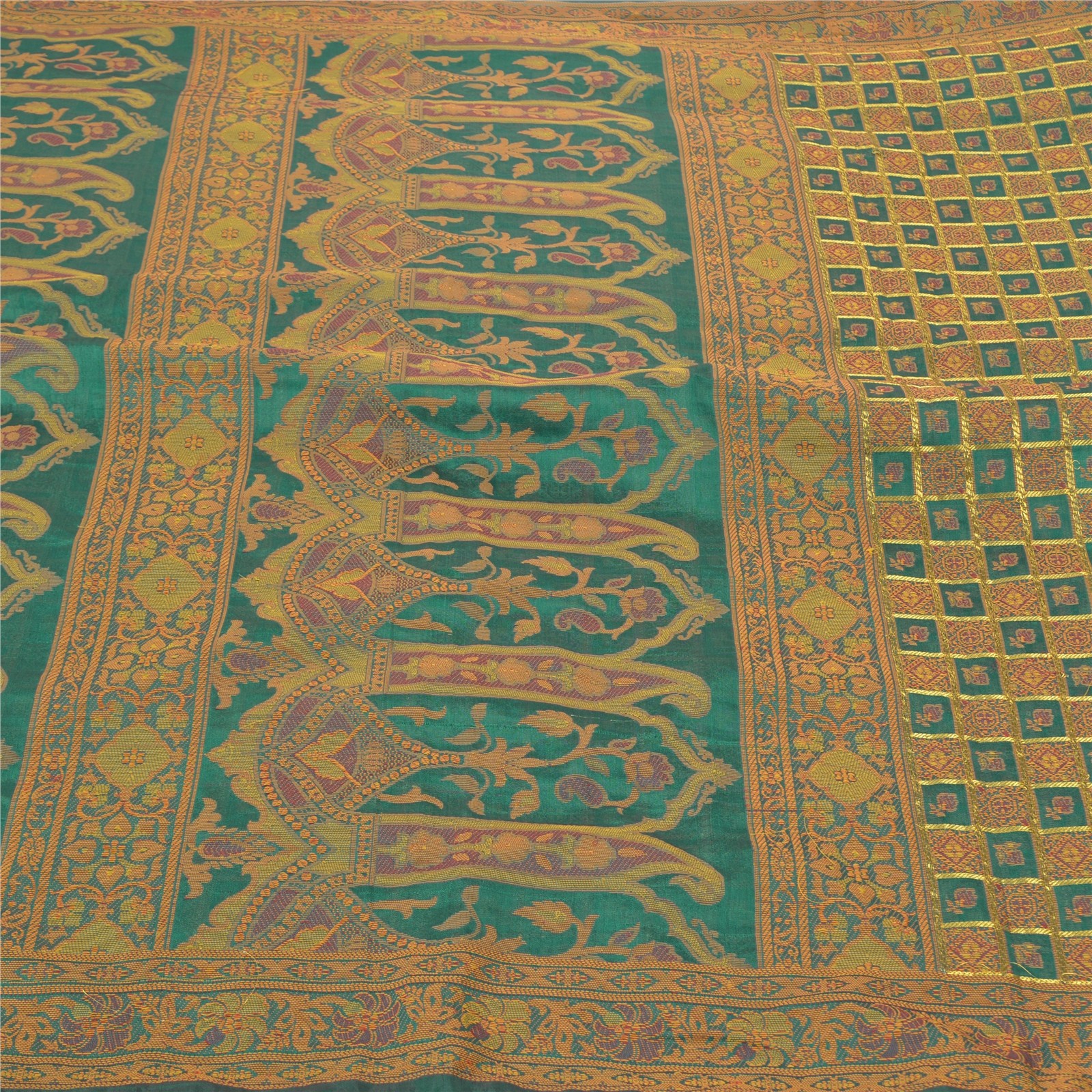Sanskriti Vintage Rama Green Sarees Artificial Silk Hand- Woven Sari Fabric