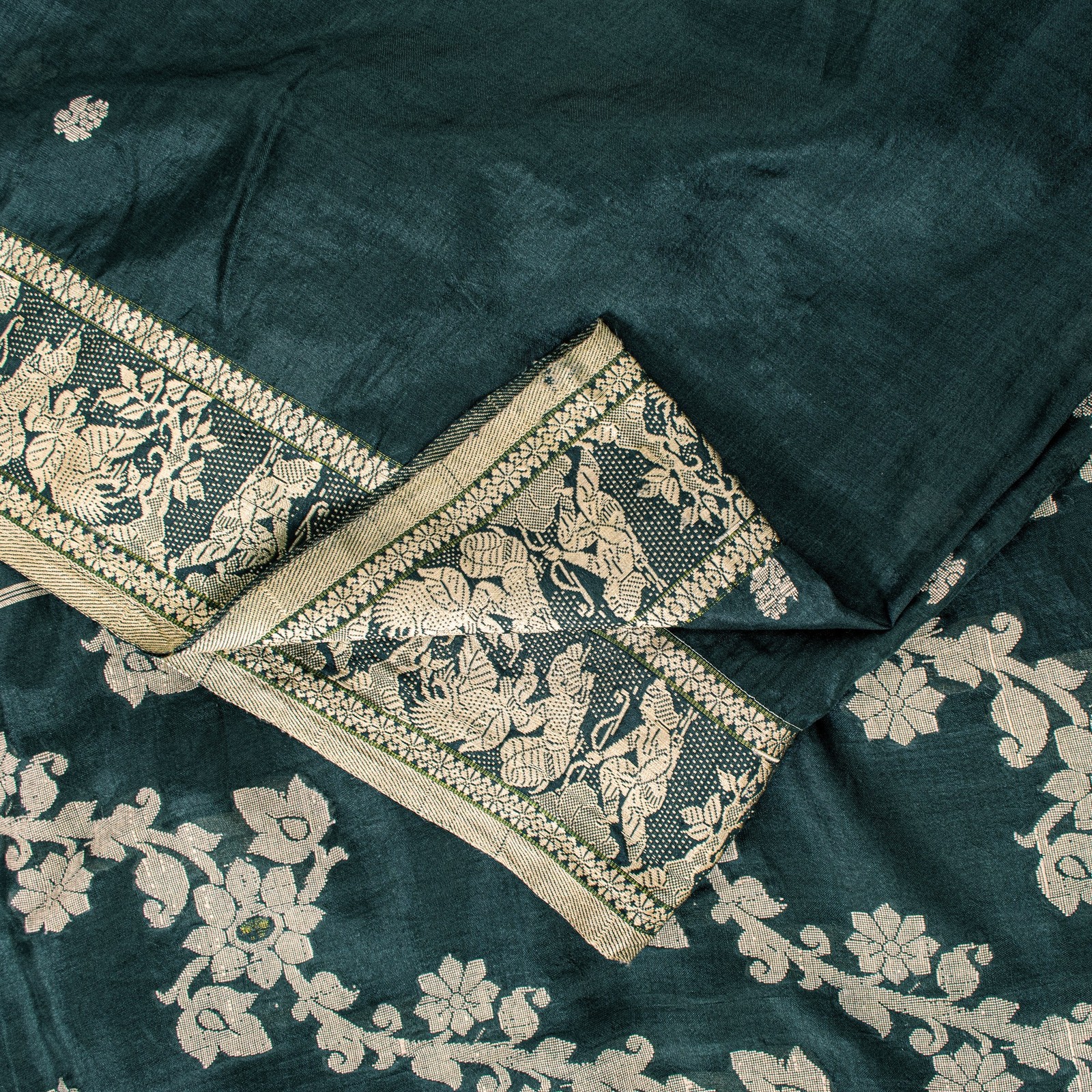 Sanskriti Vintage Green Pure Silk Saree Hand Woven Sari West Bengal 6+Yd Fabric