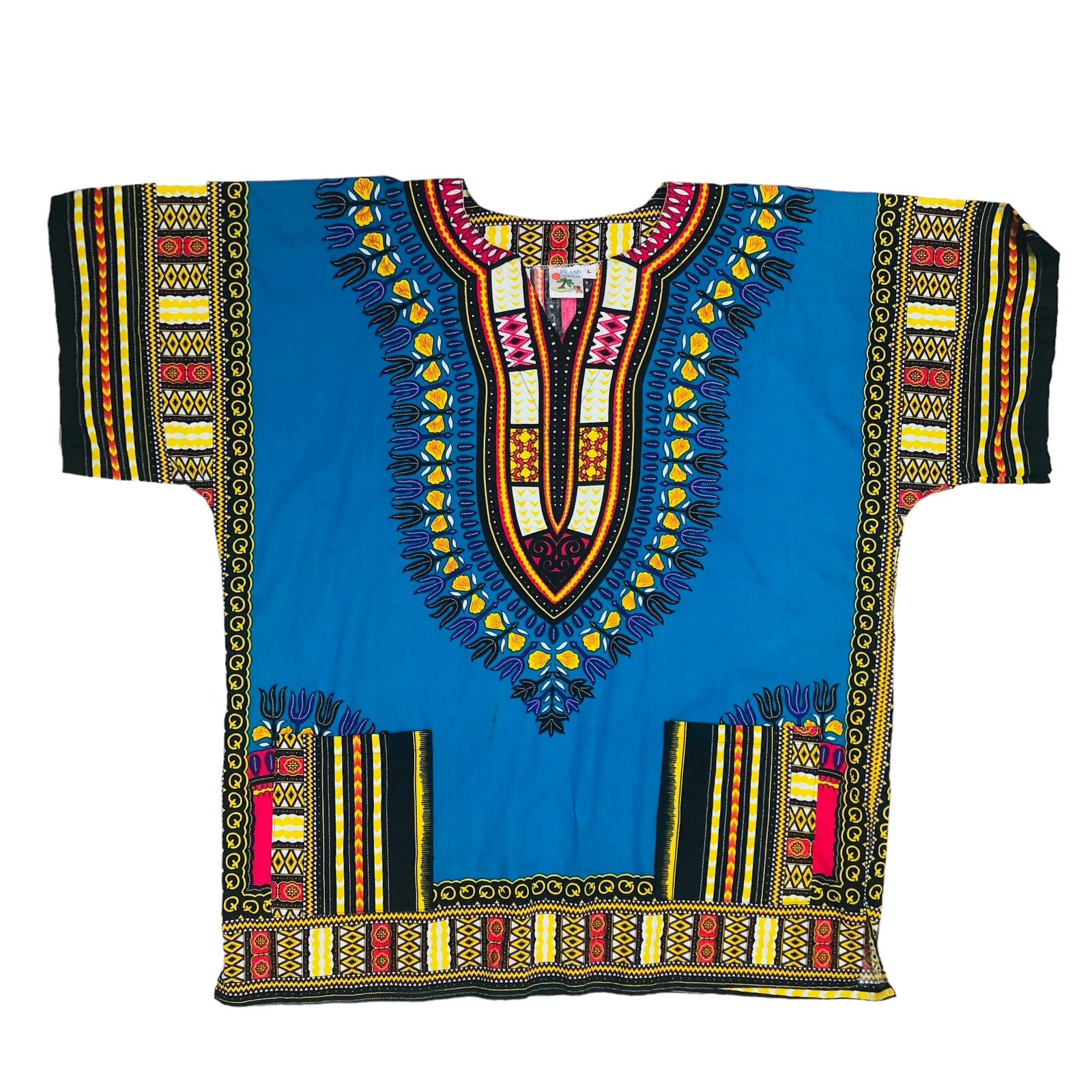 Island Expressions Top Blue Dashiki Tribal African Tunic Caftan Boho Sz L NWOT