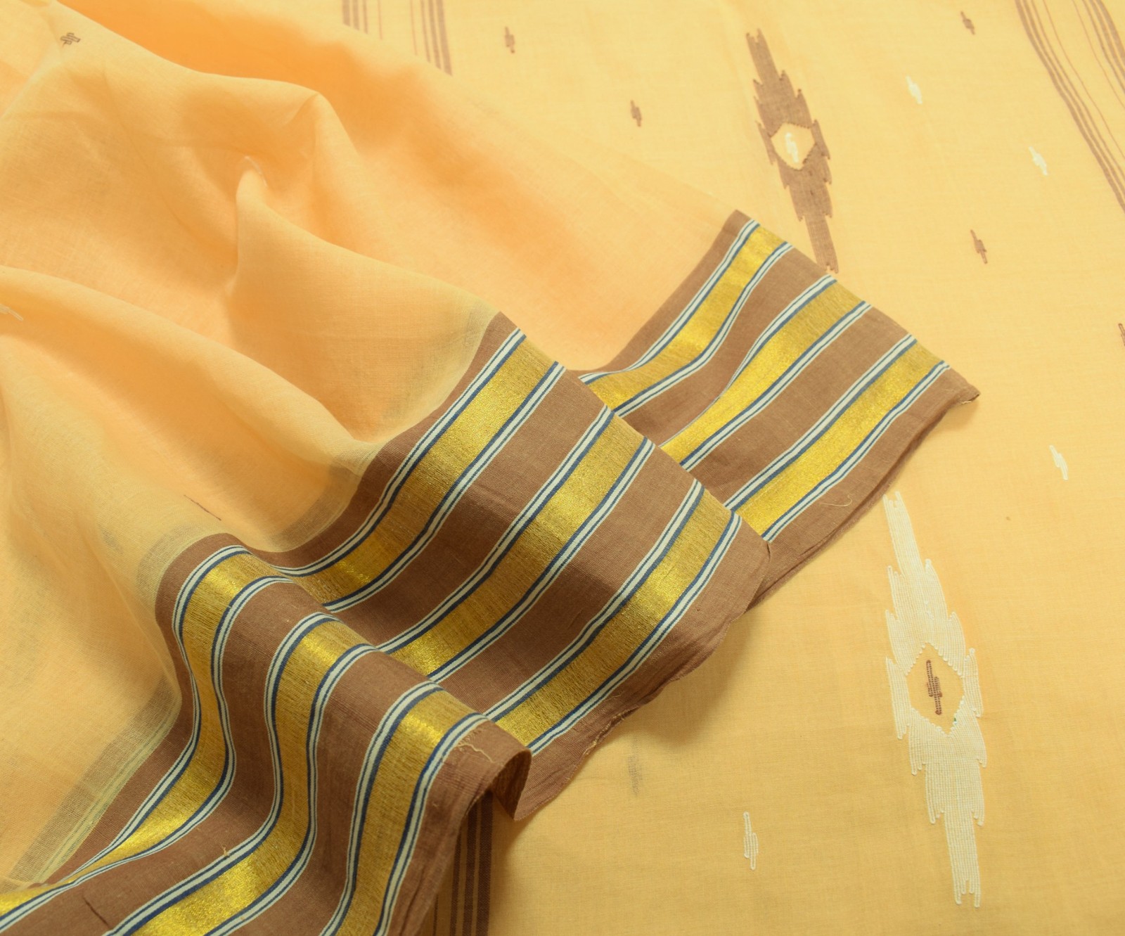 Sushila Vintage Bengal Tant Woven Saree 100% Pure Cotton Beige Soft Sari Fabric