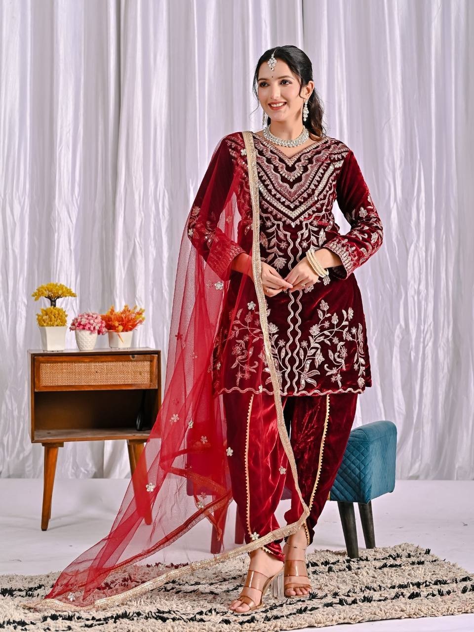 Exclusive Pure Heavy Viscous Velvet Top Dhoti With Dupatta For Women Wedding
