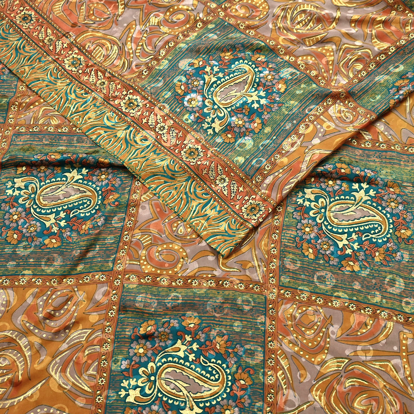 Indian Vintage Sari Moss Crepe Printed/Painted Saree Floral 5 Yards Soft Fabric