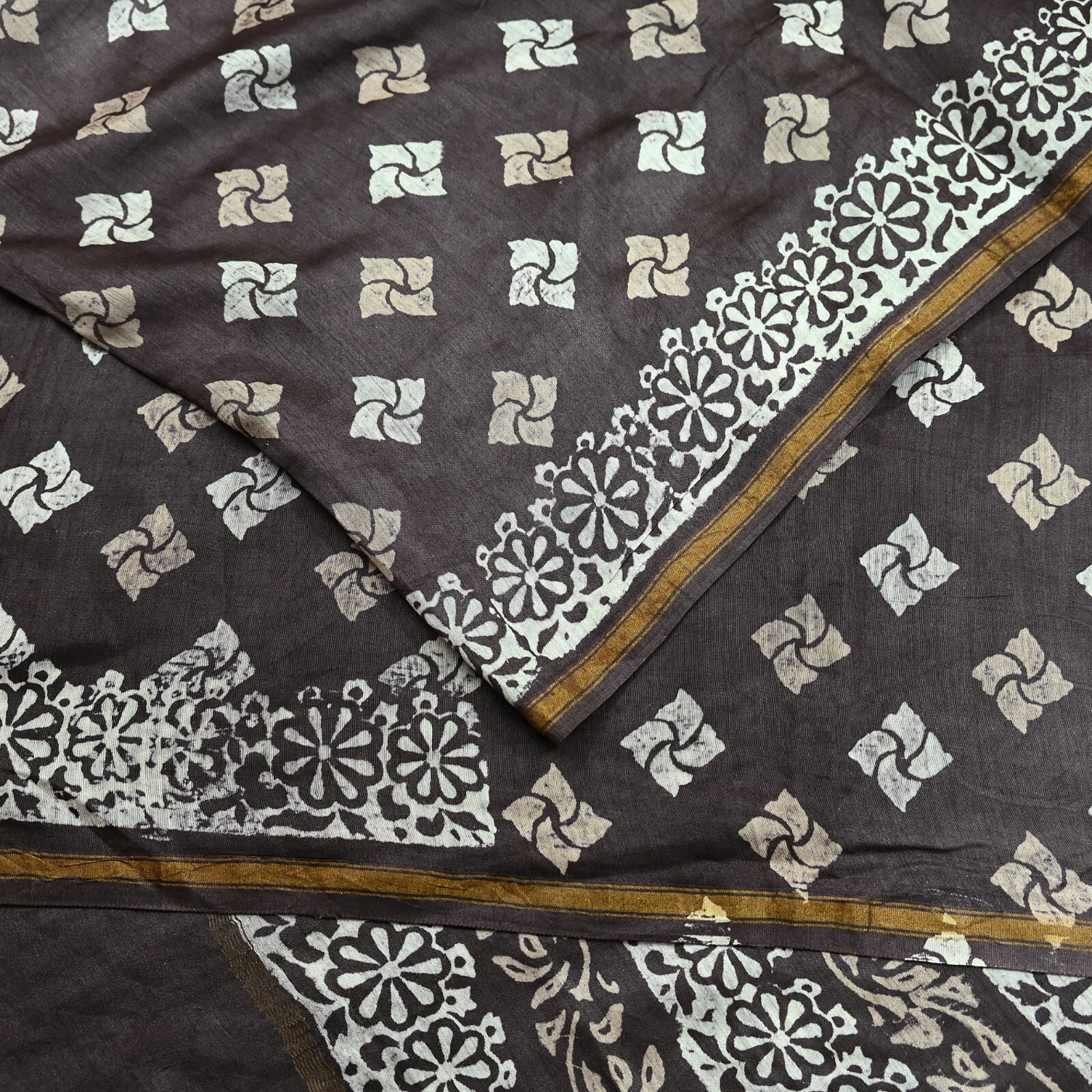 Indian Vintage Sari Brown & Ivory Pure chanderi Silk Block Printed Sarees Fabric