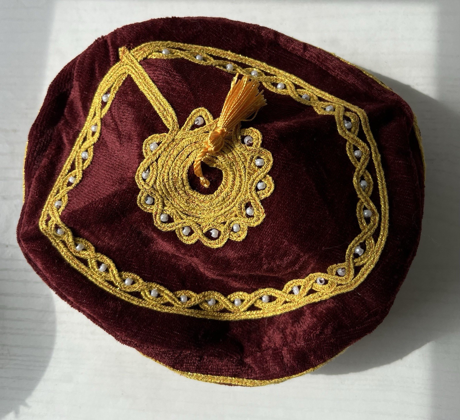 Vintage Velvet Embroidered Turkish Islamic Hat Kufi Gold Thread Mirror Bead