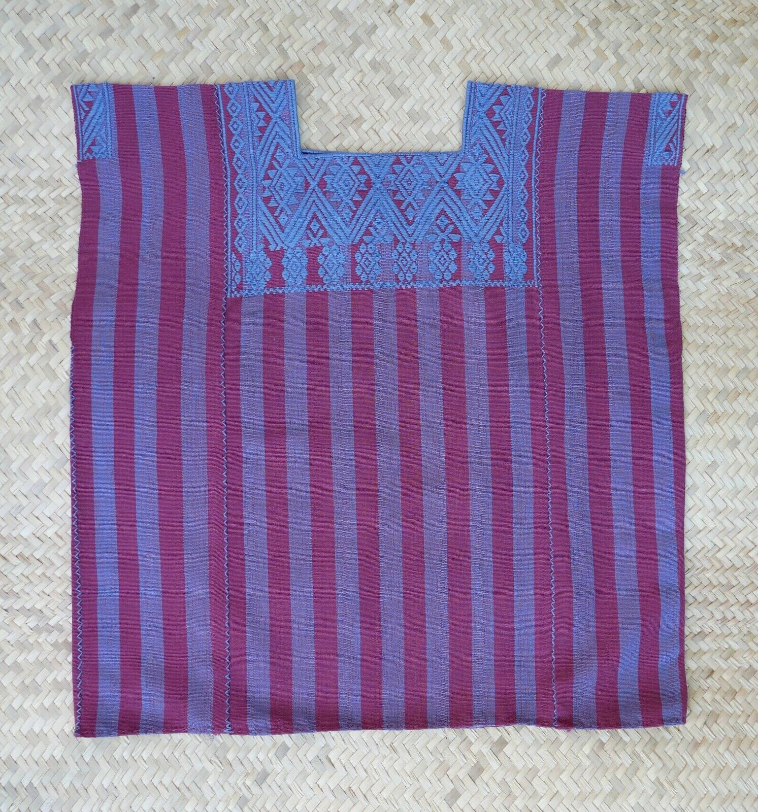 Huipil Top Mayan Blue & Plum Stripe Handwoven Backstrap Loom Chiapas Mexico