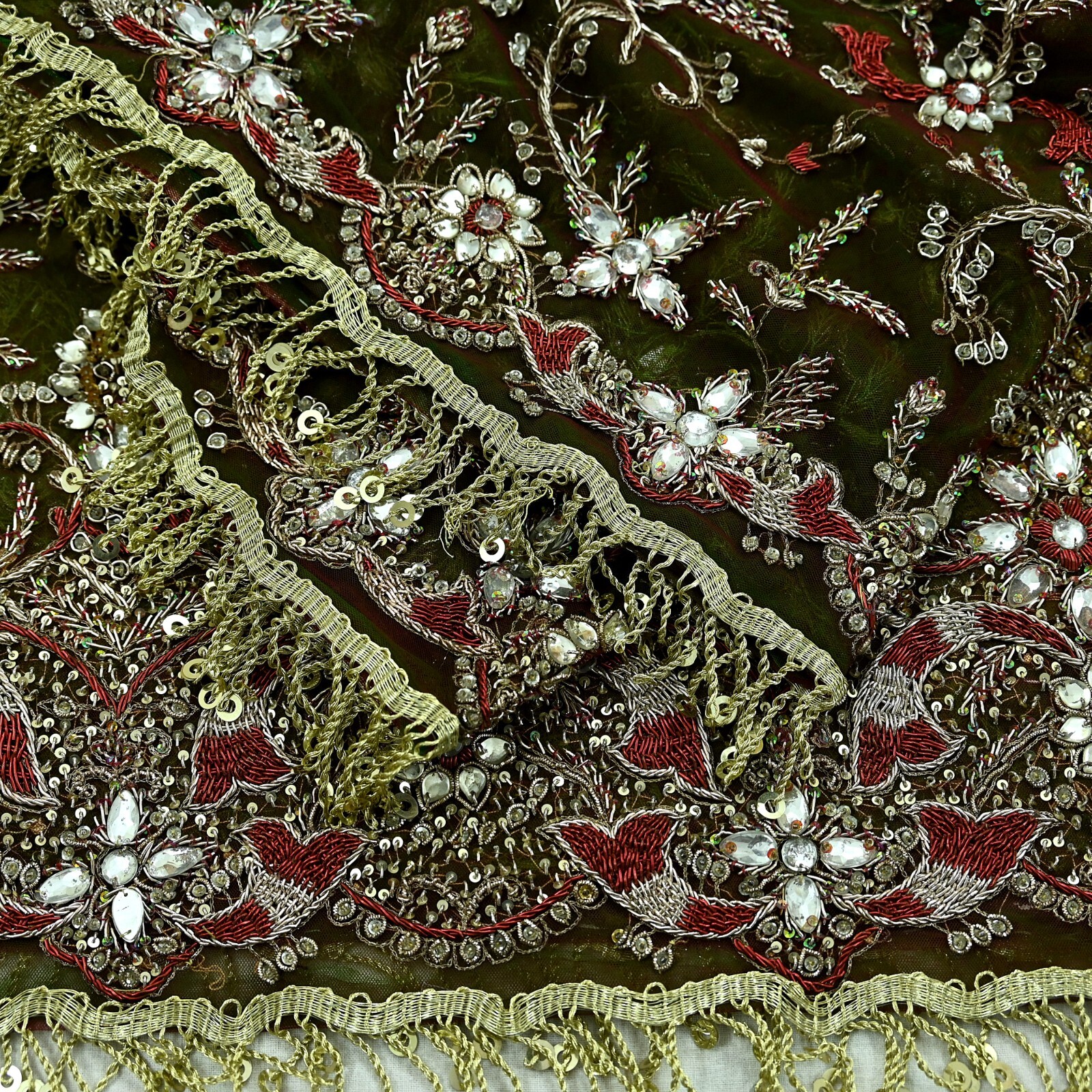 Vintage Heavy Green & Maroon Dupatta Net Mesh Long Stole Hand Embroidered Veil
