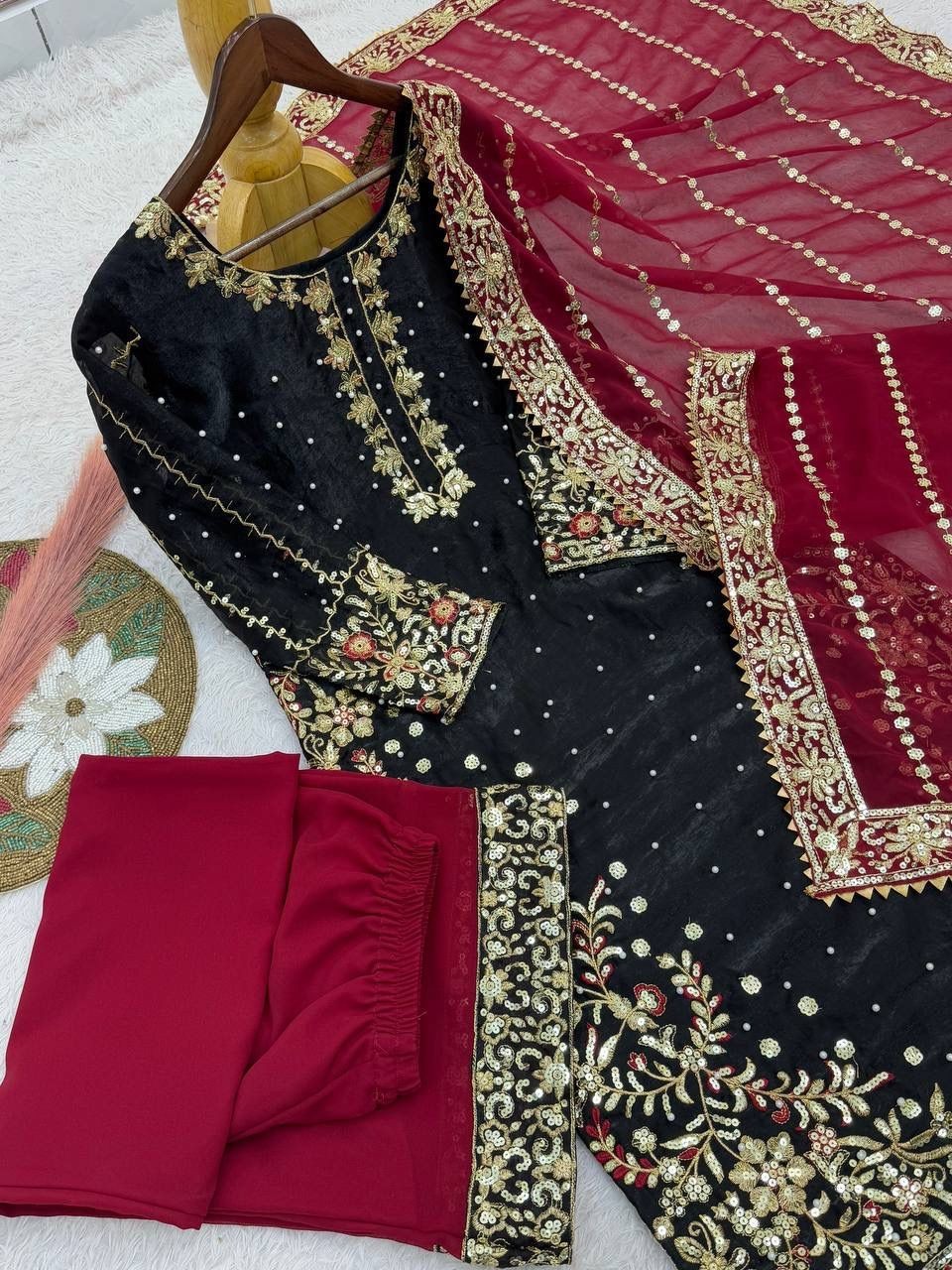 New Designer Heavy Silk Black Kurta Palazzo With Dupatta For Reception Wear