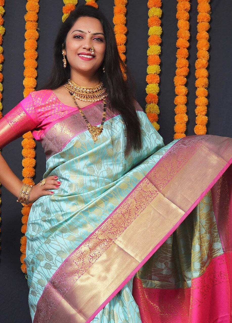 Woven Kanjivaram Jacquard, Pure Silk Saree (Light Blue)