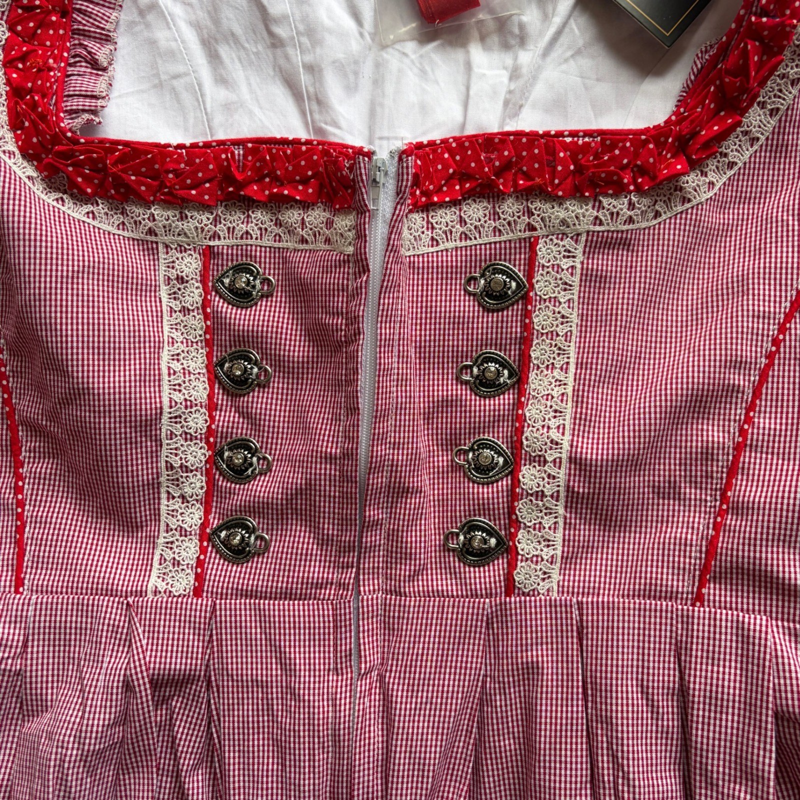 GloryStar Bavarian Red Gingham Dirndl Dress Lace Heart Buttons Oktoberfest Large