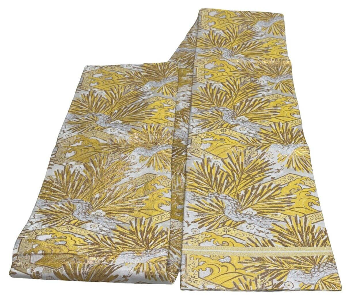 Japanese Vintage Kimono Maru Obi silk Gold Embroidery Reversible 153.5×11.8in
