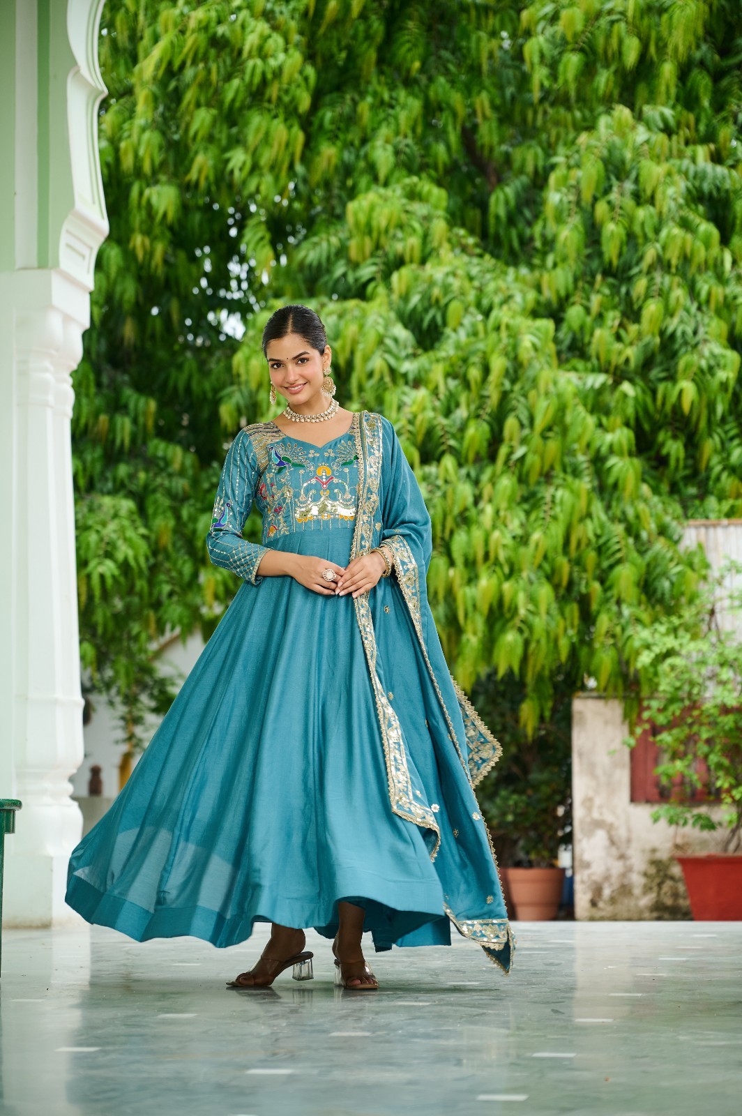 Wedding Stylish Ready To Wear Vichitra Silk Top Look Palazzo With Dupatta For