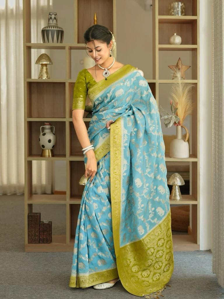 BRIDAL BANARASI SOFT SILK SAREE ZARI MOTIF WEAVING RICH PALLU SARI