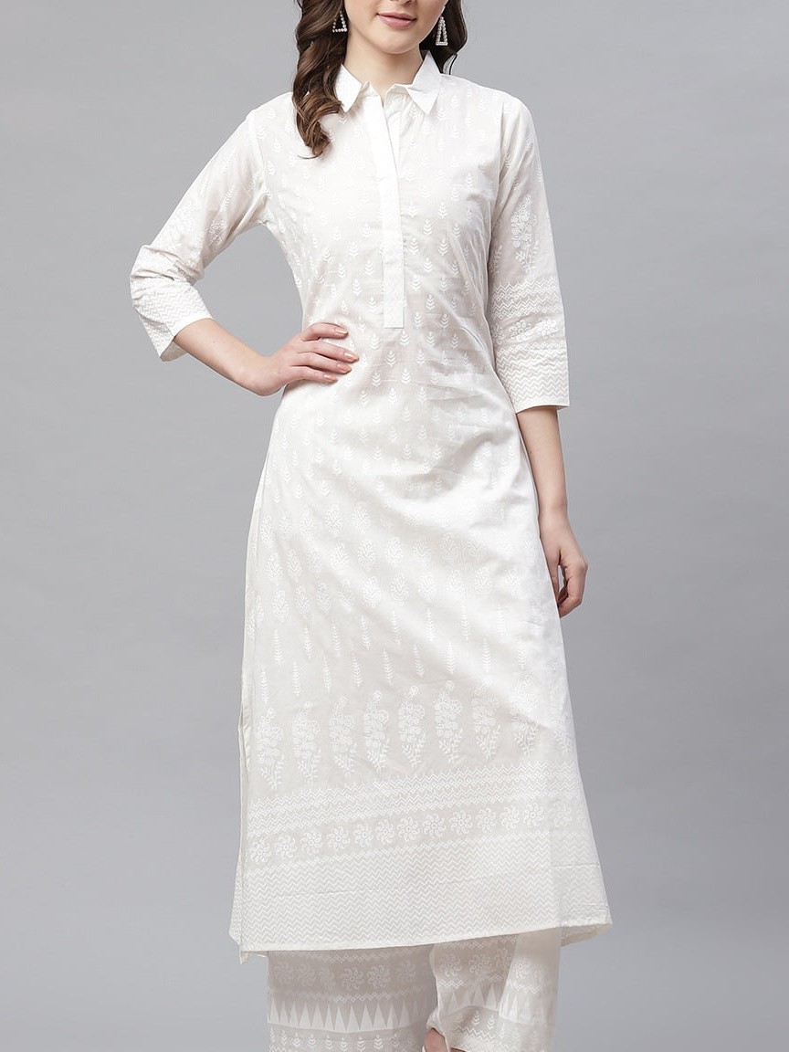 White Khari Print Cotton Kurti with Palazzo Set for Women Ethnic Wear Plus Size
