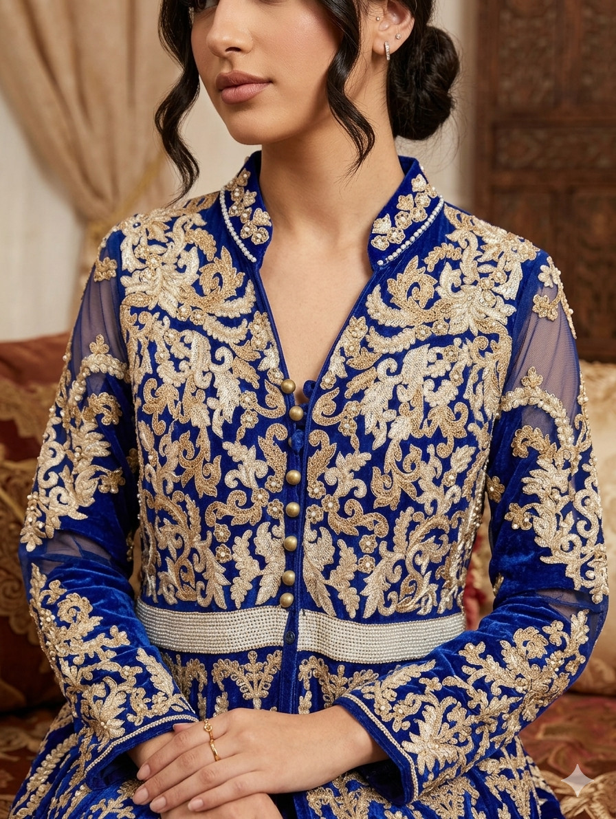 Vintage Hand-Embroidered Indian Anarkali Gown – Indigo Blue & Gold Chiffon Dress