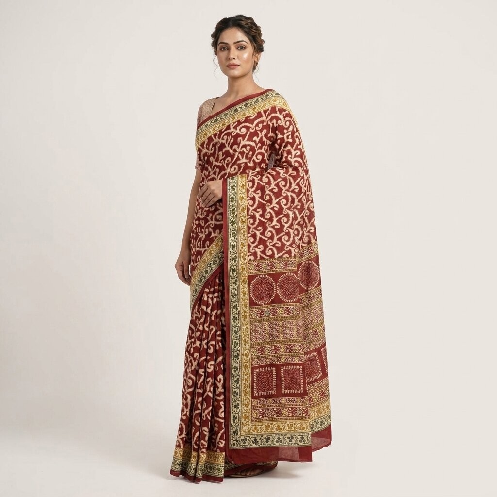 Sanskriti Vintage Saree Red 100% Pure Cotton Ikat-Jamdani Print Sari 5+Yd Fabric