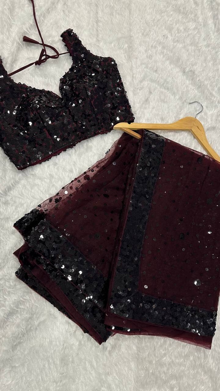 Latest Designer Net Fabric Brown Saree With Blouse For Indian Function Wear