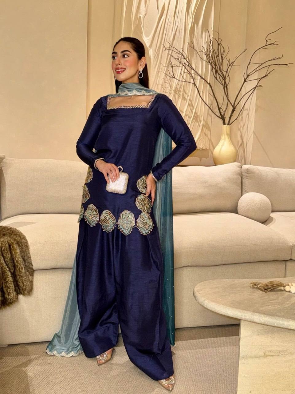 Latest New Natural Crep Blue Farshi Salwar Kameez With Dupatta For Functional