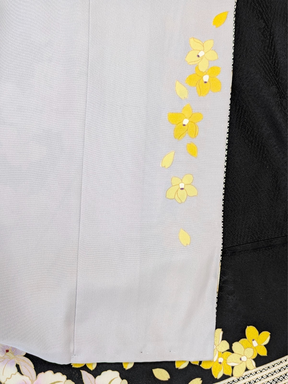 Japanese Kimono Silk Furisode Black Yellow & Purple Flowers Vertical Waves Art
