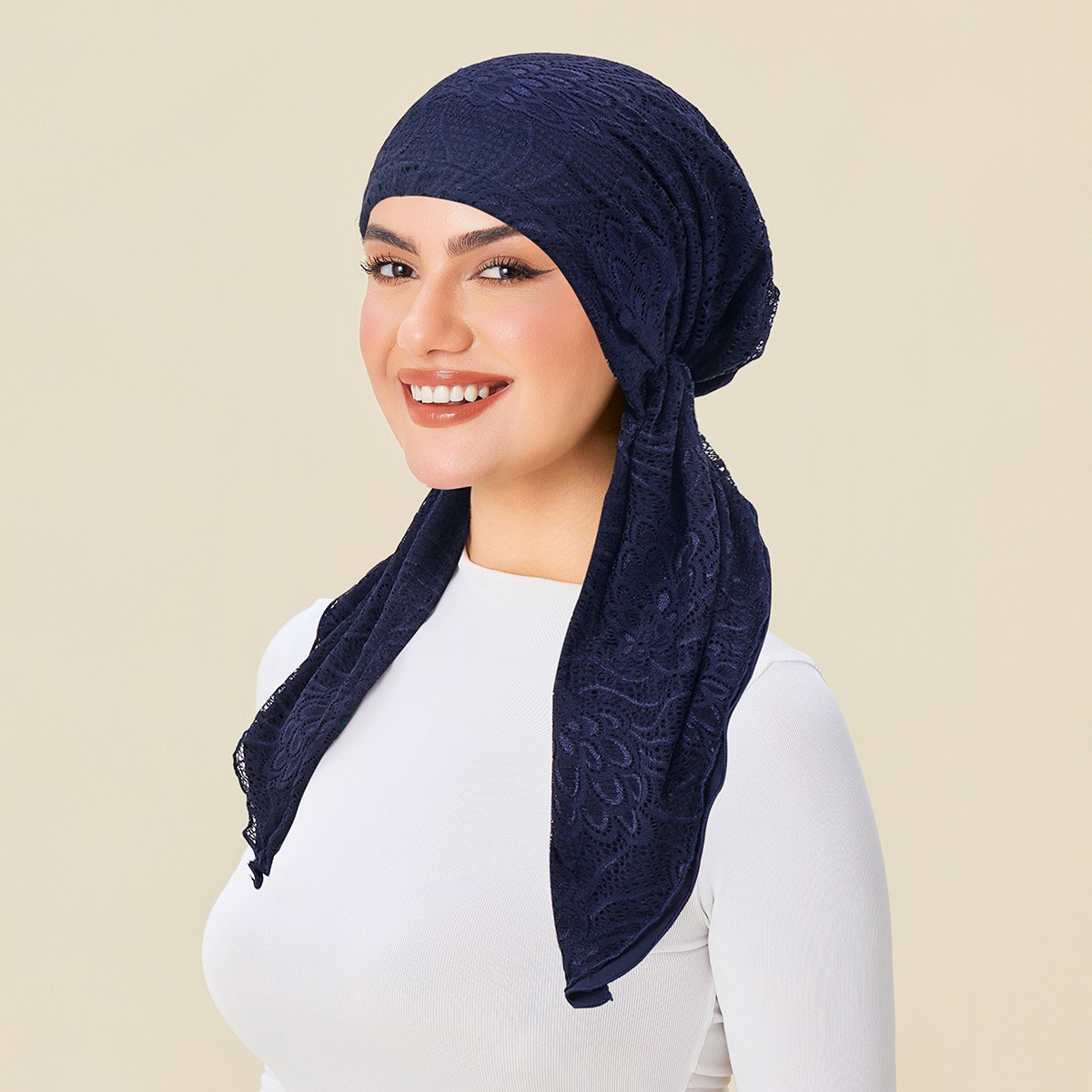 Ramadan Women Turban Hat Fashion Muslim Lace Print Head Wrap Long Tail Hijabs